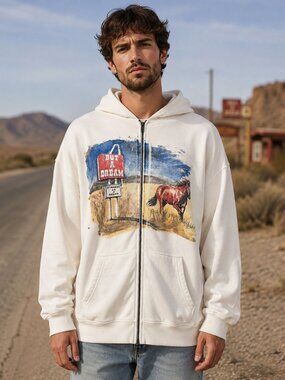 One of These Days But a Dream Horse Graphic Zip Hoodie Cream XL USA